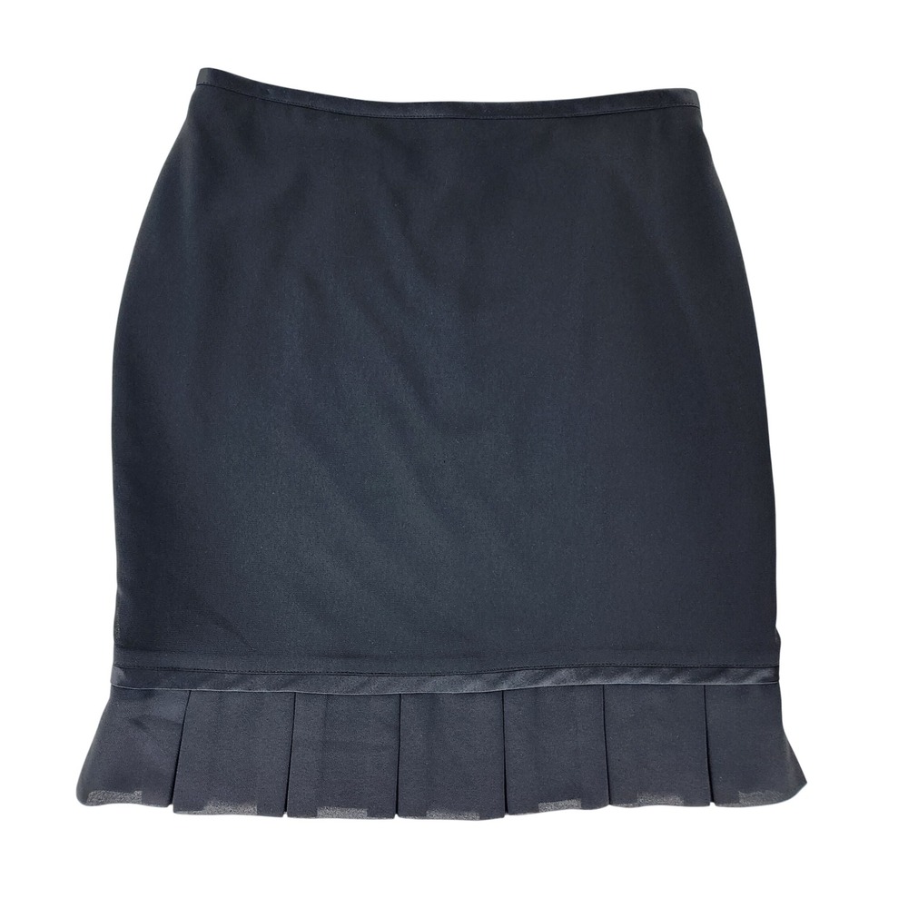 Joseph Ribkoff Black Pencil Skirt Size 12 Pleated Hem Satin Trim Made in Canada